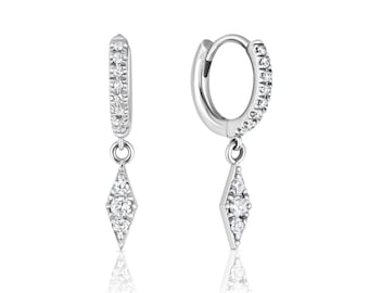 Real Diamond Gold Dangle Earrings, 14k 18k Solid Gold Diamond Charm Earrings, Diamond Shape Bezel Dangling, Anniversary Gift
