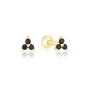 14K Gold Black Diamond Stud Earrings, Minimalist Flower Earring, Tiny Studs For Women, Perfect Gift