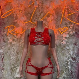 Rave Outfit  -  Red Rhinestone Two Piece Costume, Sultry Clubwear Gown, Bold Performance Outfit, Trendy Party Dress