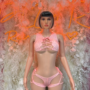 Rave Outfit  - Pink Rhinestone Two Piece Costume, Sultry Clubwear Gown, Bold Performance Outfit, Trendy Party Dress