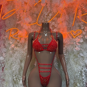 Rave Outfit  -  Red Rhinestone Two Piece Costume, Sultry Clubwear Gown, Bold Performance Outfit, Trendy Party Dress