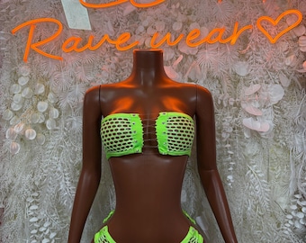 Festival Fishnet Neon Green Two Piece  Set Ravewear –  Dancewear Outfit