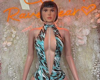 Dancewear Aqua Animal Print Plunge Bodysuit, Festival Outfit, Bottle Girl, Exotic Dancewear