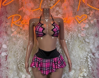 School Girl Pink Rave Outfit - Two Piece Skirt ,Sexy Festival Outfit, Clubwear, Performance Costume,  Party Rave Outfit
