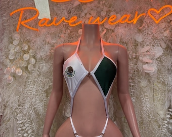 Festival Mexican Flag Slingshot  Womens - Red Green White Festival One Piece Swimwear Beachwear Ravewear