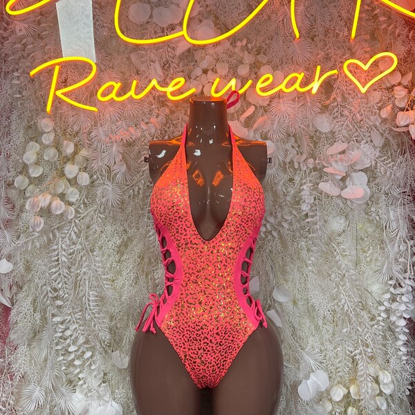 Coral Cheetah Print Bodysuit - Hologram Rave Dancewear