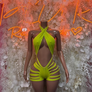 Rave Outfit  - One Piece Green Cutoff Festival Outfit, EDM Dancewear, Party Clubwear