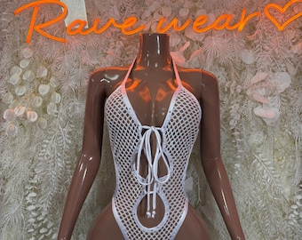White Festival Fishnet Bodysuit - Bottle Service Outfit Rave Costume Clubwear One Piece Dancewear