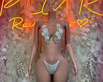 Exotic Dancewear Rhinestone Floral White Bikini Set Two Piece Exotic Dancewear Festival Outfit Rave Wear Stripper Costume Pole Dance