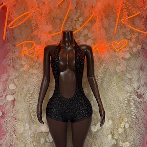 Rave Bodysuit - One Piece Black Bodysuit -  Rhinestone, Festival Outfit, EDM Dancewear