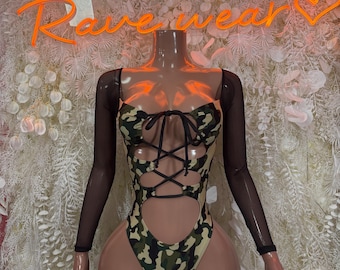 Camo Print Bottlegirl Bodysuit  - One Piece Bartender Outfit,Military, EDM Dancewear, Party Clubwear
