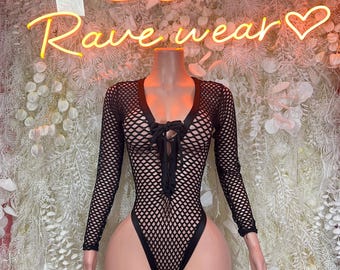 Bottlegirl Bodysuit Black Fishnet    - One Piece Bartender Outfit, EDM Dancewear, Party Clubwear