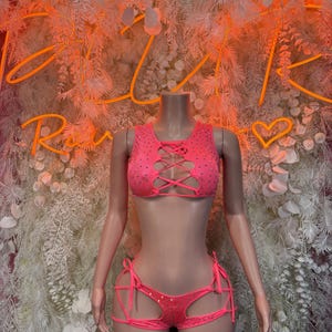 Rave Outfit  -  Coral Rhinestone Two Piece Costume, Sultry Clubwear Gown, Bold Performance Outfit, Trendy Party Dress