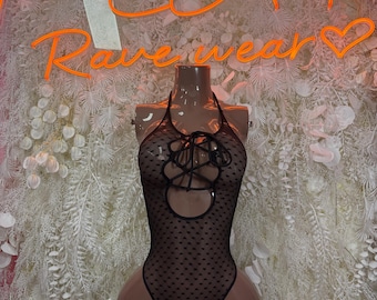 Festival Bodysuit Black Heart Mesh    - One Piece Bartender Outfit,  Dancewear, Party Clubwear
