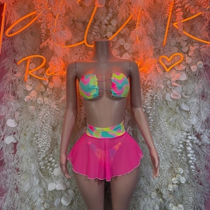 Rave Wear - multicolore - tenue de rave - tenue de festival sexy deux pièces, tenue de club, costume de performance, tenue de rave de soirée EDM