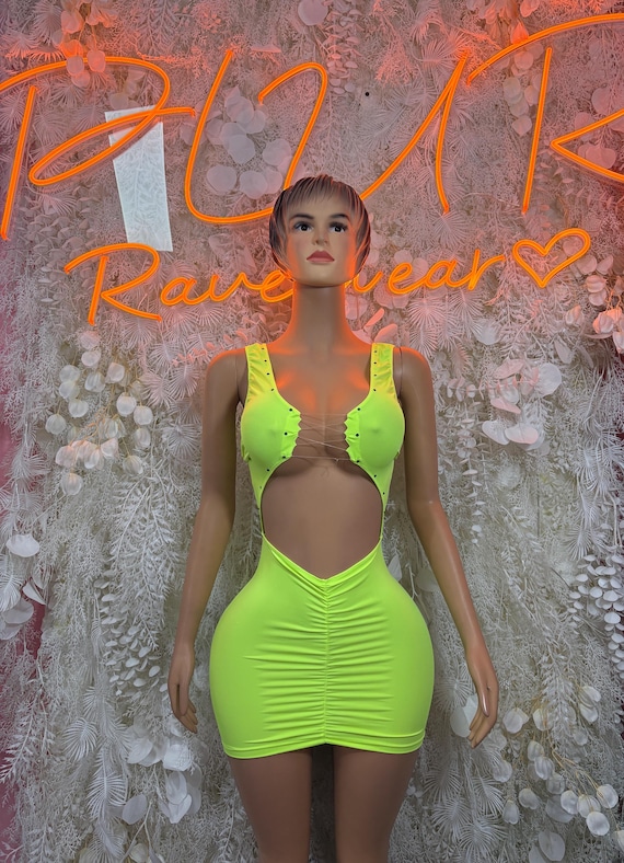 Neon Green Festival Dress – Metallic Holographic Mini Club Dress