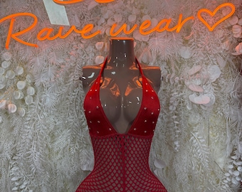 Red Bodysuit Rave Festival Outfit Women - Exotic Dancewear Stripper Clubwear Bottle Girl Ravewear