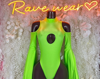 Neon Green Rave Bodysuit – Flare Sleeve Festival Outfit