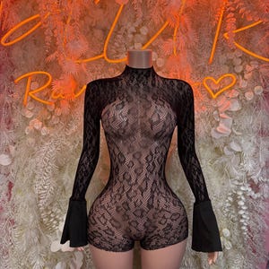 Dance Costume One-Piece Fishnet Bodysuit Black  | Exotic Dancewear for Performers, Raves, & Festival Clothing