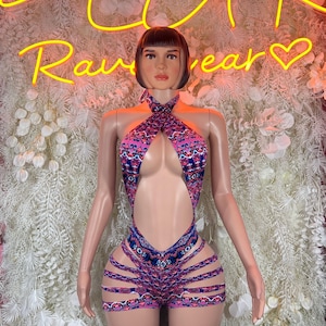 Festival Outfits - One Piece Multicolor Bodysuit Cutoff -  Festival Outfit, EDM Dancewear