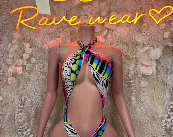 Neon Tie-Front Rave Bodysuit, Festival One Piece, Colorful Clubwear