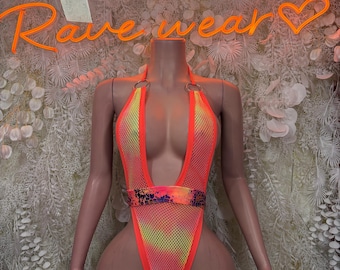 Neon Multicolor Rave Bodysuit, Plunge Mesh Festival Bodysuit, Cutout One Piece, Bottle Girl Outfit, Exotic Dancewear, Clubwear