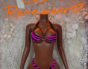Pink Zebra Print Cutout Bodysuit, Rhinestone Rave Outfit, Festival Dancewear, Clubwear One Piece