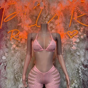 Rave Outfit  -  Pink Rhinestone Two Piece Costume, Sultry Clubwear Gown, Bold Performance Outfit, Trendy Party Dress