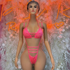 Rave Outfit  -  Coral Rhinestone Two Piece Costume, Sultry Clubwear Gown, Bold Performance Outfit, Trendy Party Dress