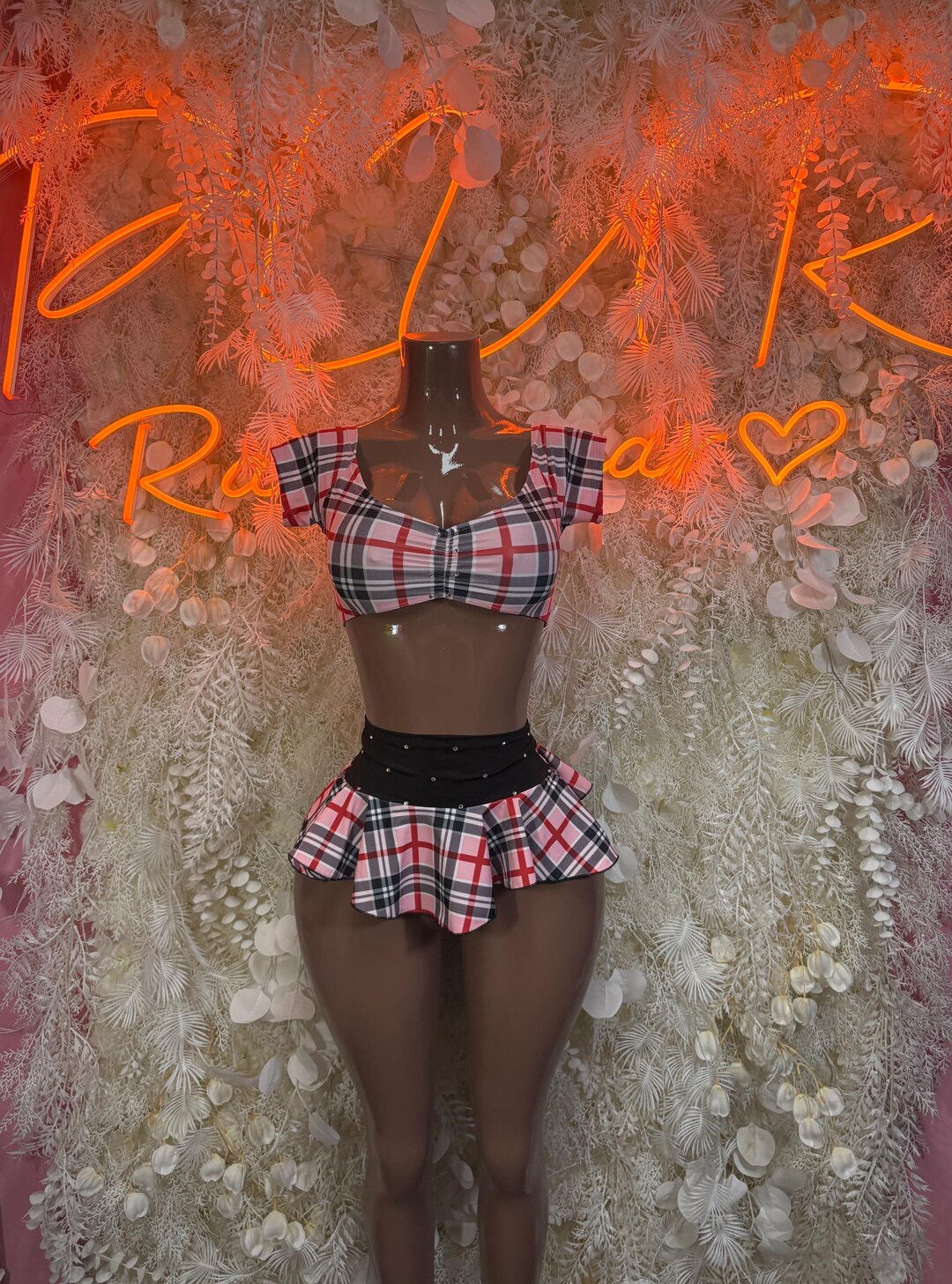 Rave Wear - Pink Plaid - Rave Outfit - Two Piece Skirt ,sexy Festival ...