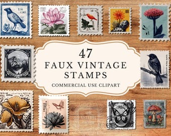 Namaak vintage stempel clipart | Botanische vogel kortstondige kunst | PNG-illustraties