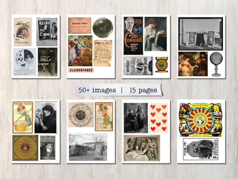 May include: A digital collage sheet with vintage images of fortune tellers, tarot cards, and other mystical imagery. The sheet includes text such as "Fortune Teller", "Witches", "Clairvoyance", and "Price 15c".