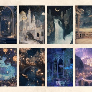 May include: A collage of nine images depicting fantastical, dreamlike scenes with a focus on architecture and nature. The images feature castles, waterfalls, bridges, and gardens, all bathed in soft, ethereal light. The overall theme is magical and whimsical.