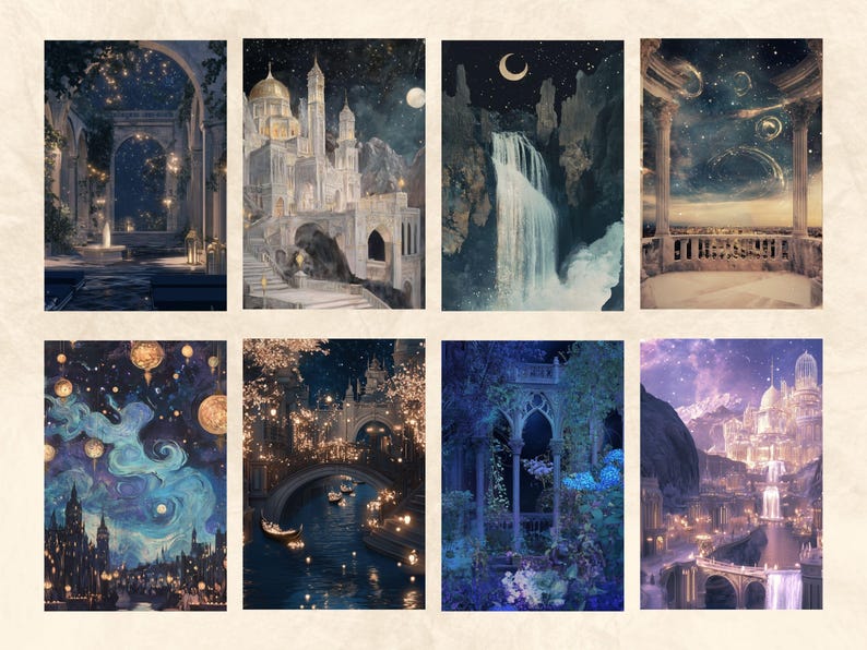 May include: A collage of nine images depicting fantastical, dreamlike scenes with a focus on architecture and nature. The images feature castles, waterfalls, bridges, and gardens, all bathed in soft, ethereal light. The overall theme is magical and whimsical.