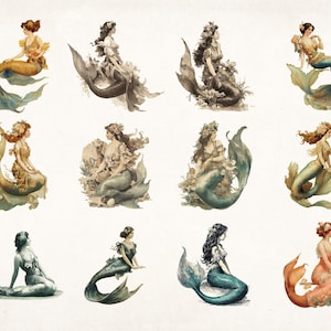 May include: A collection of twelve digital illustrations of mermaids with various poses and tail colors. The mermaids are depicted with long flowing hair and are surrounded by seaweed and shells.