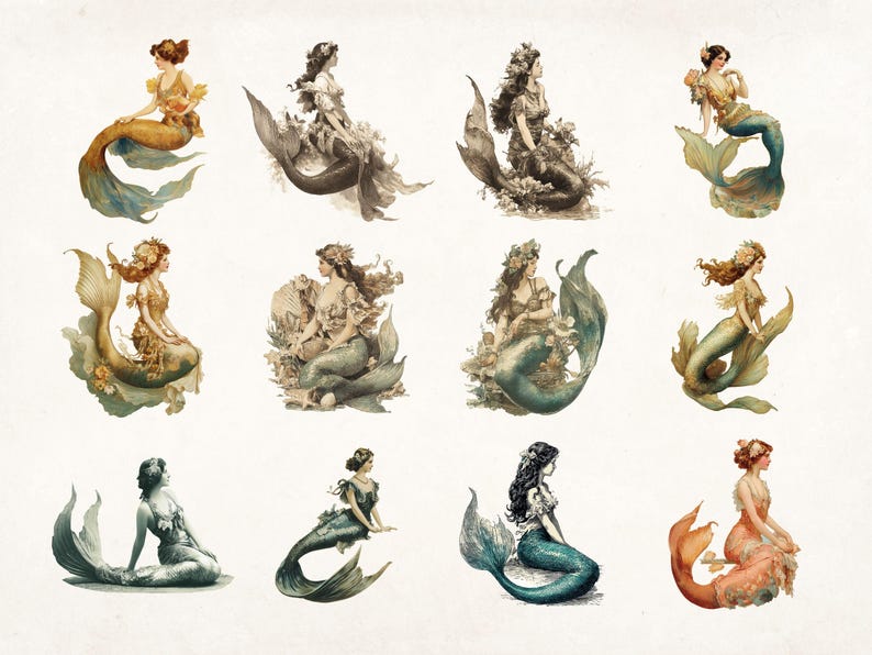 May include: A collection of twelve digital illustrations of mermaids with various poses and tail colors. The mermaids are depicted with long flowing hair and are surrounded by seaweed and shells.