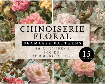 Sömlösa blommönster i chinoiserie, vintage scrapbookingpapper (digital nedladdning)