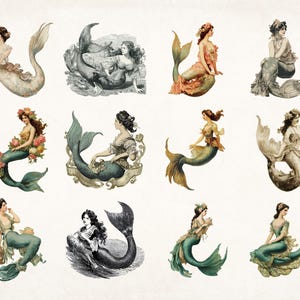 May include: A collection of twelve vintage illustrations of mermaids with various poses and tail designs. The mermaids are depicted with long flowing hair, intricate jewelry, and colorful clothing. Some mermaids are holding flowers, while others are holding seashells.