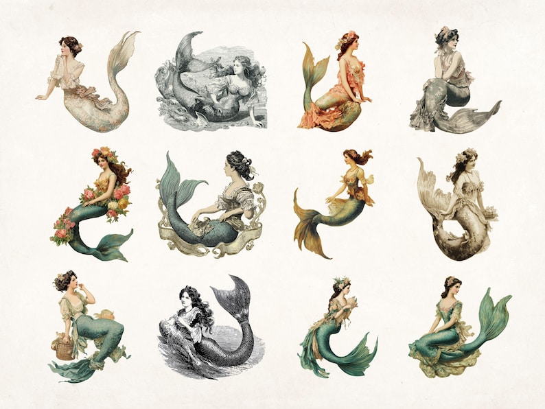 May include: A collection of twelve vintage illustrations of mermaids with various poses and tail designs. The mermaids are depicted with long flowing hair, intricate jewelry, and colorful clothing. Some mermaids are holding flowers, while others are holding seashells.