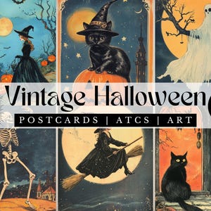 postales vintage d'Halloween | Sorcières rétro, chats noirs, fantômes et citrouilles | Art d'Halloween imprimable | ATC, éphémères, journal, décoration