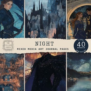 NOITE | Páginas de diário de fantasia sombria da Fae Court, romance literário, colagem digital de romance sombrio celestial | papel para scrapbook, arte em mídia mista