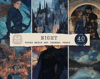 Könnte beinhalten: Eine Collage aus digitalen Kunstjournal-Seiten mit verschiedenen Nachtszenen. Die Szenen zeigen eine Frau mit Pfeil und Bogen, eine Skyline der Stadt, ein Paar, das unter einer Brücke steht, und einen sternenklaren Nachthimmel über einem See. Der Text "NIGHT" und "MIXED MEDIA ART JOURNAL PAGES" ist in der Mitte der Collage dargestellt.