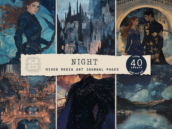 NIGHT | Fae Court Dark Fantasy Journal Pages, Bookish Romantasy, Celestial Dark Romance Digital Collage | Scrapbook Paper, Mixed Media Art