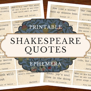 Printable Shakespeare quote cards for junk journals, featuring vintage-style literary ephemera with famous quotes from Hamlet, Macbeth, Romeo and Juliet, and more. Includes 8 pages of distressed paper backgrounds and classic typography. Ideal for journaling, scrapbooking, collage, and printable craft projects. Digital download includes JPEG and PDF formats with high-resolution text-based designs for book-themed decor and literary stationery.