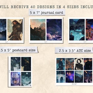 May include: A digital download of 40 printable designs in four sizes: 5 x 7 inches, 3.5 x 5 inches, 2.5 x 3.5 inches. The designs feature a variety of fantasy and magical themes, including a starry night sky, a castle, and a figure in a dark cloak.