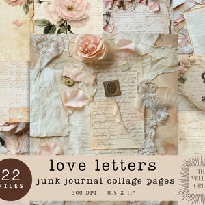 Páginas de diario basura con cartas de amor / Papeles digitales con rosas y efímeras vintage / Fondos de diario basura / Hojas de collage / 8,5 x 11”