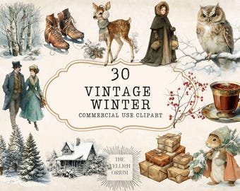 Vintage Winter Clipart | Cozy Animals & Snowy Scenes (PNG Files)