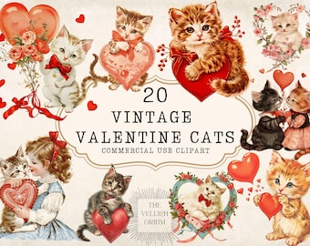 May include: A vintage-style digital collage featuring 20 Valentine's Day cat illustrations. The cats are depicted with hearts, bows, and flowers in a variety of poses and colors, including white, brown, and black. The text "Vintage Valentine Cats" is displayed.