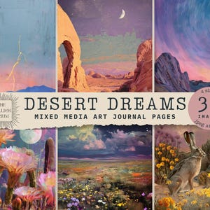 Pages de journal esthétique du désert, art du désert à imprimer, art mural cactus, album de nuit du désert, déco sud-ouest, arrière-plans techniques mixtes