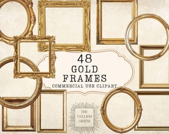 Gold Frame Clipart Vintage Ornate Borders, Baroque Frames, Antique Oval and Square Frame PNGs for Invitations, Junk Journals, Collage
